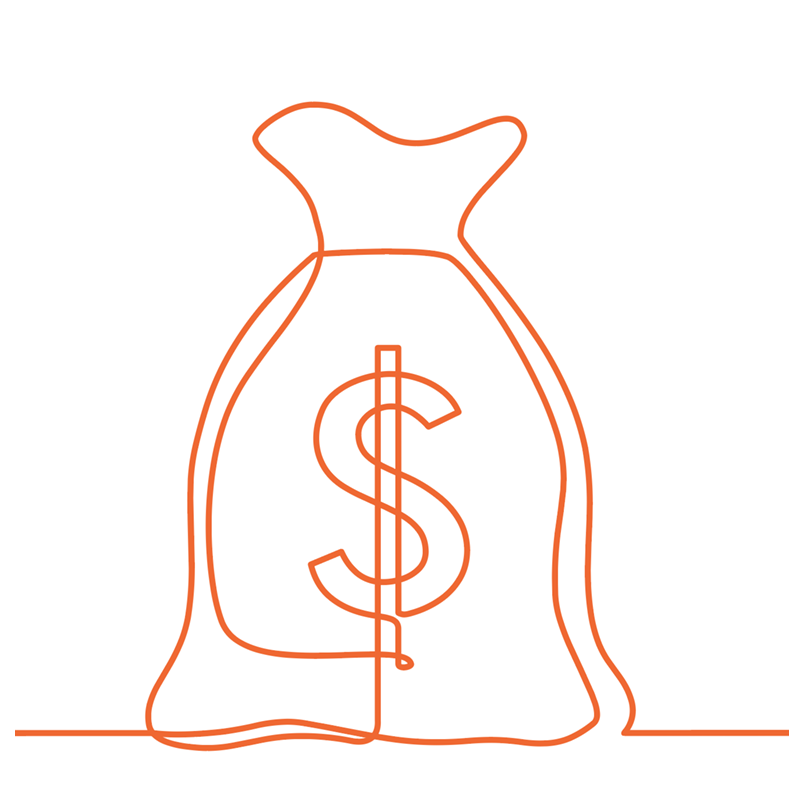 single-line illustration of a bag with a dollar sign label
