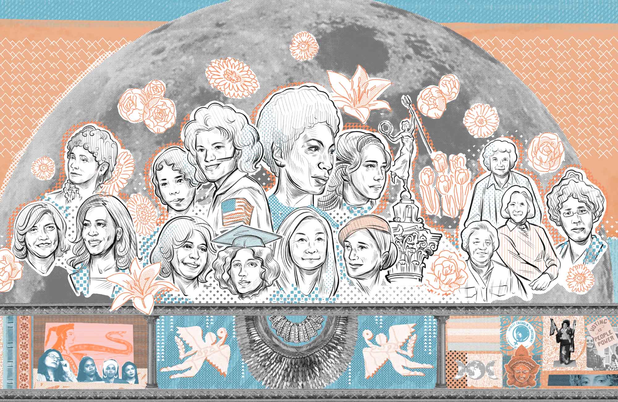 digital mural featuring portraits of notable women