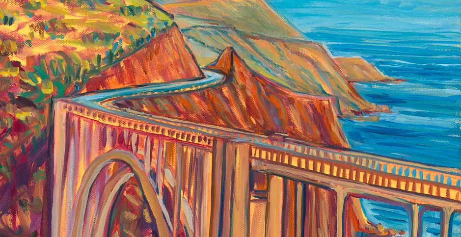 detail of oil-on-canvas painting of Bixby Creek Bridge