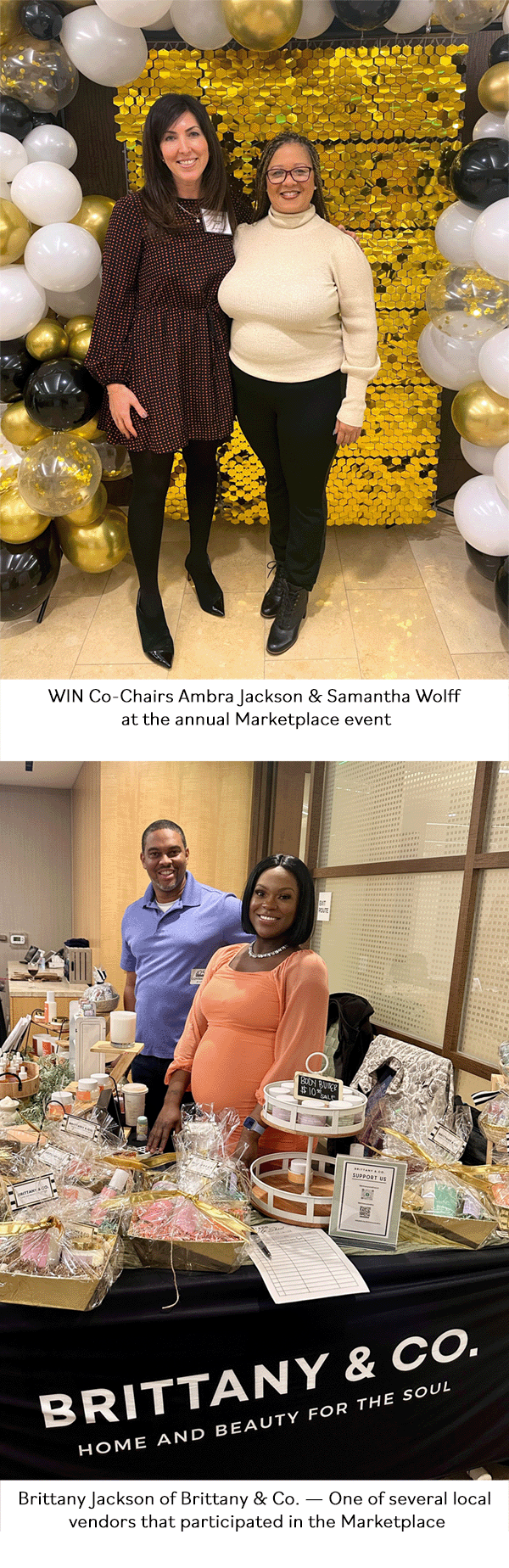 (above) WIN Co-Chairs Ambra Jackson & Samantha Wolff at the annual Marketplace event; (below) Brittany Jackson of Brittany & Co. – one of several local vendors that participated in the Marketplace