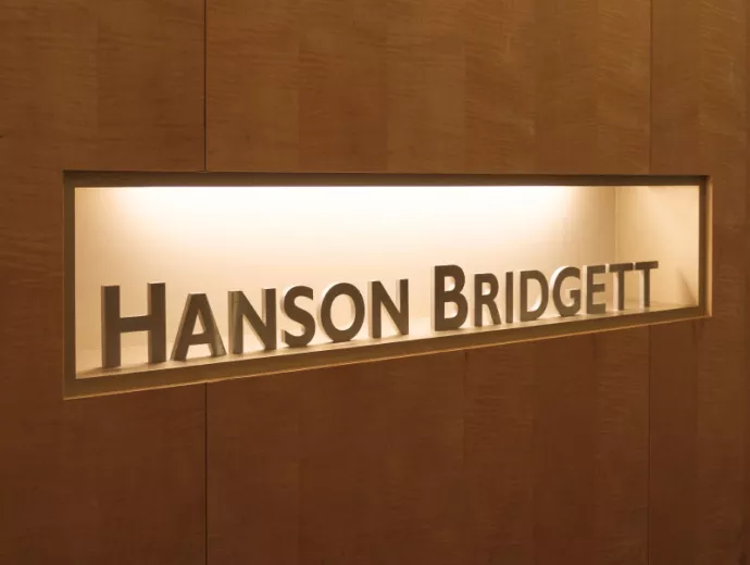 sign for Hanson Bridgett at entrance to the San Francisco offices