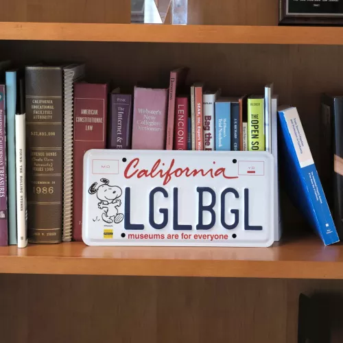 attorney's office bookshelf with a license plate featuring Snoopy reading LGLBGL