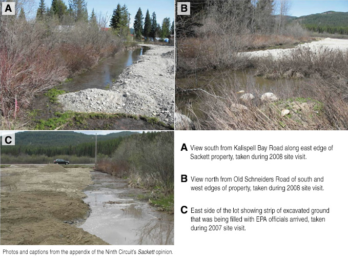 three photos with captions from the the appendix of the Ninth Circuit’s Sackett opinion (undeveloped land with standing water)